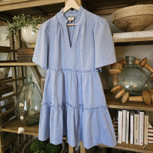 Tuckernuck Chambray Crawford Ruffle Flutter Sleeve Mini Dress Cotton Linen, Sz M - Picture 1 of 16